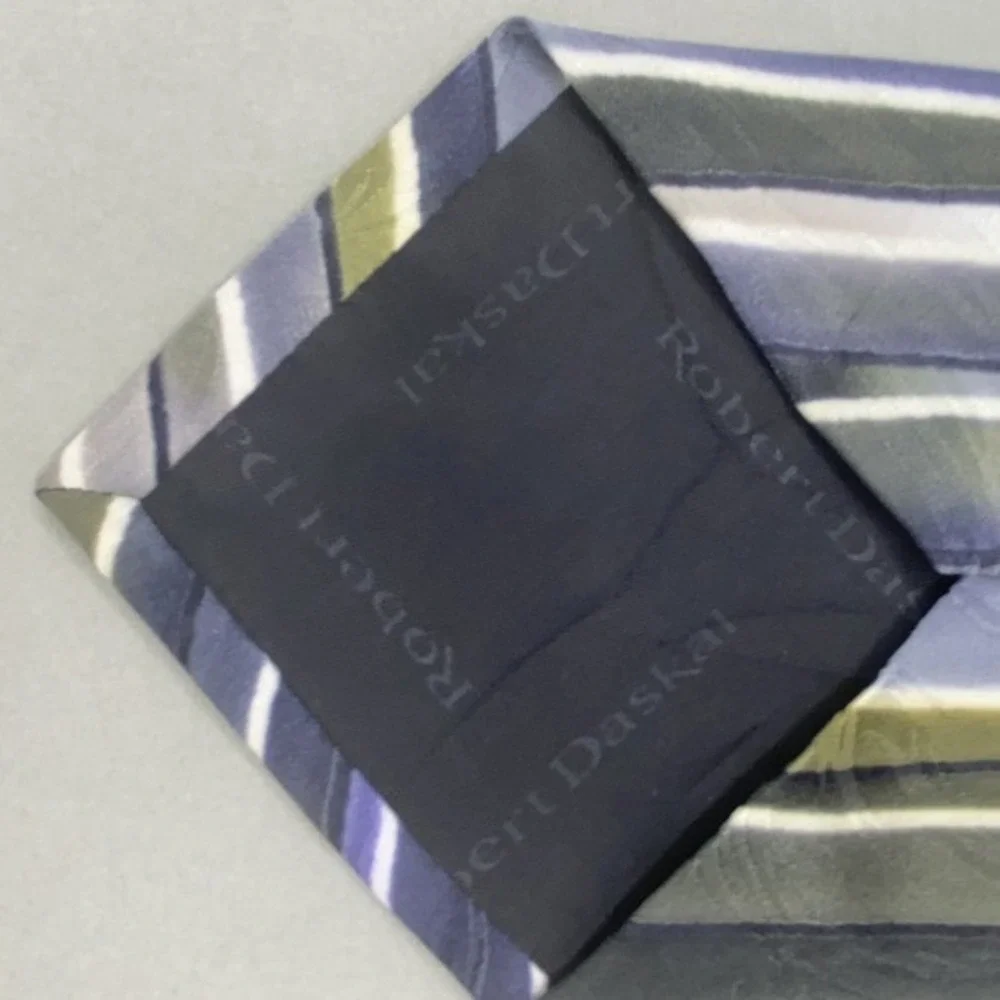 ROBERT DASKAL Mens 100% Silk Tie Blue Purple Green Striped Abstract Artsy 57.5x4